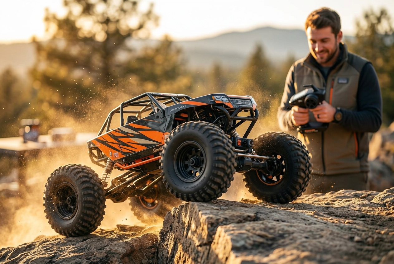 Adult driving a big RC rock crawler over rocky terrain inside the RC In Cafe park while family watches